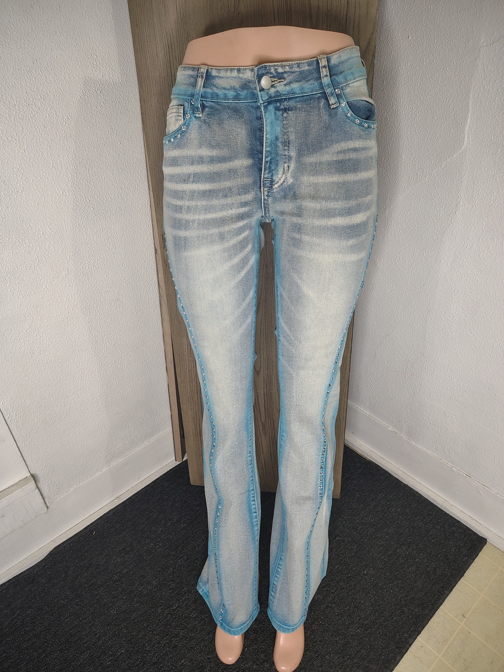Fashion Nova Light Blue Washed Flare Jeans with Subtle Whiskering